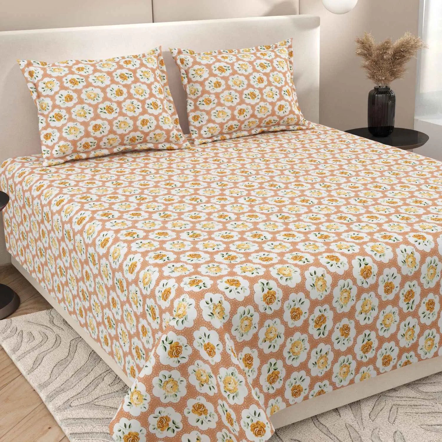 Dream Weaverz Cotton Super King Flat 220 TC Abstract 1 Bedsheet with 2 Pillow Covers (Peach-Yellow)