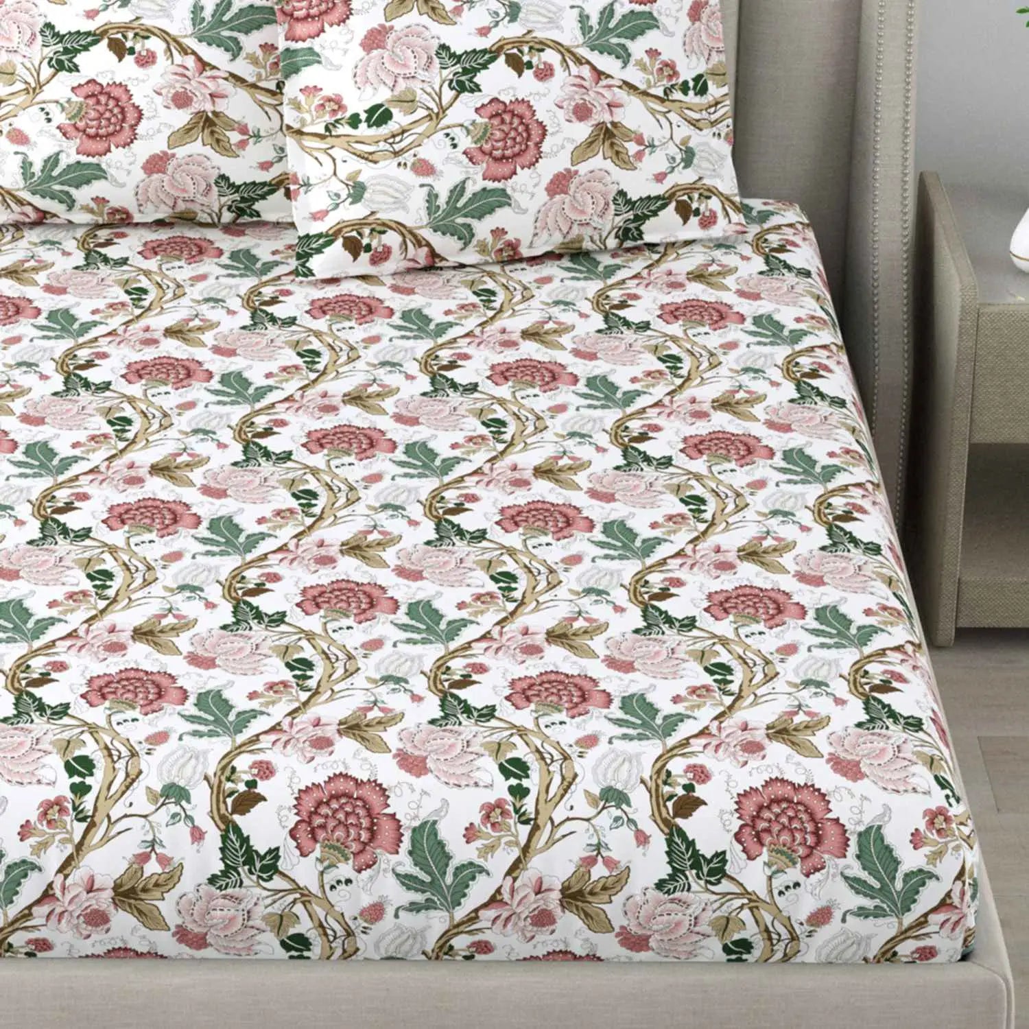 Dream Weaverz Cotton Queen Flat 220 TC Floral 1 Bedsheet with 2 Pillow Covers (White)