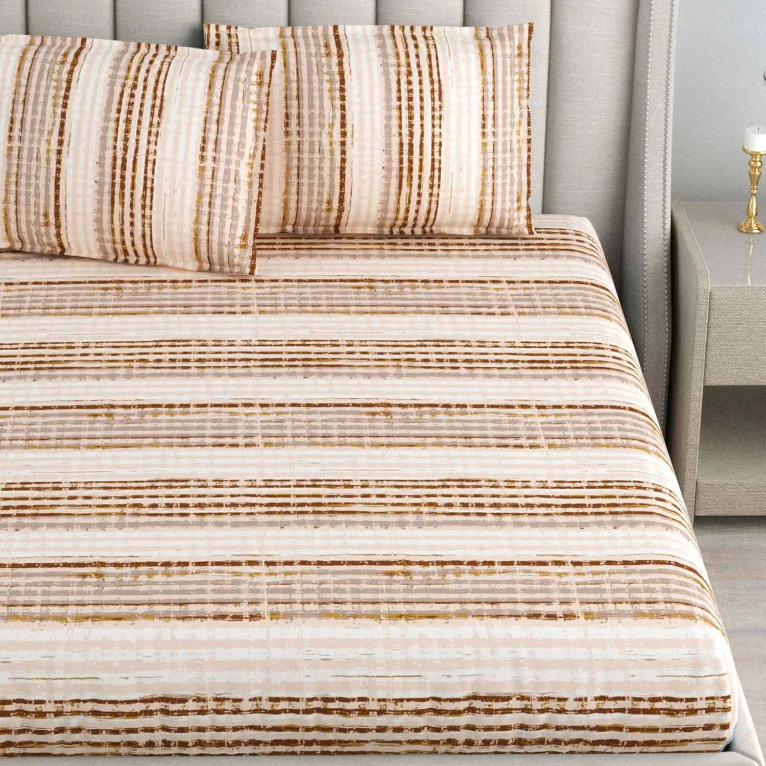 Dream Weaverz Cotton Queen Flat 220 TC Striped 1 Bedsheet with 2 Pillow Covers (Beige)