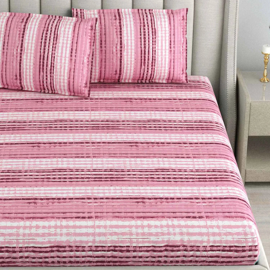 Dream Weaverz Cotton Queen Flat 220 TC Striped 1 Bedsheet with 2 Pillow Covers (Pink)