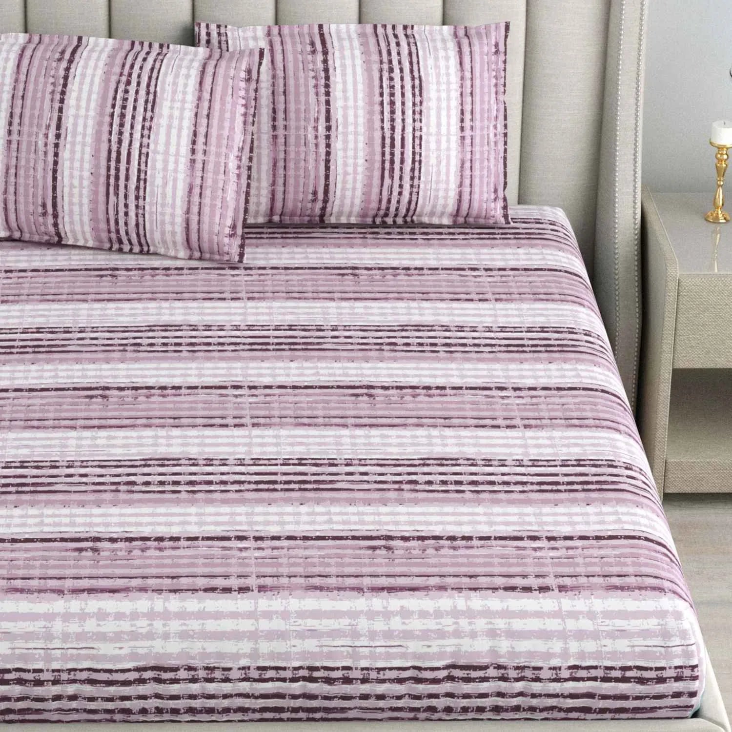 Dream Weaverz Cotton Queen Flat 220 TC Striped 1 Bedsheet with 2 Pillow Covers (Purple, White)