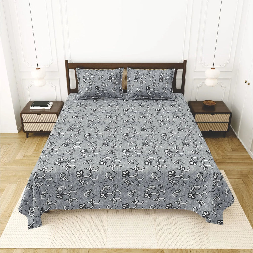 Dream Weaverz Cotton King Flat 220 TC Abstract 1 Bedsheet with 2 Pillow Covers (Grey)