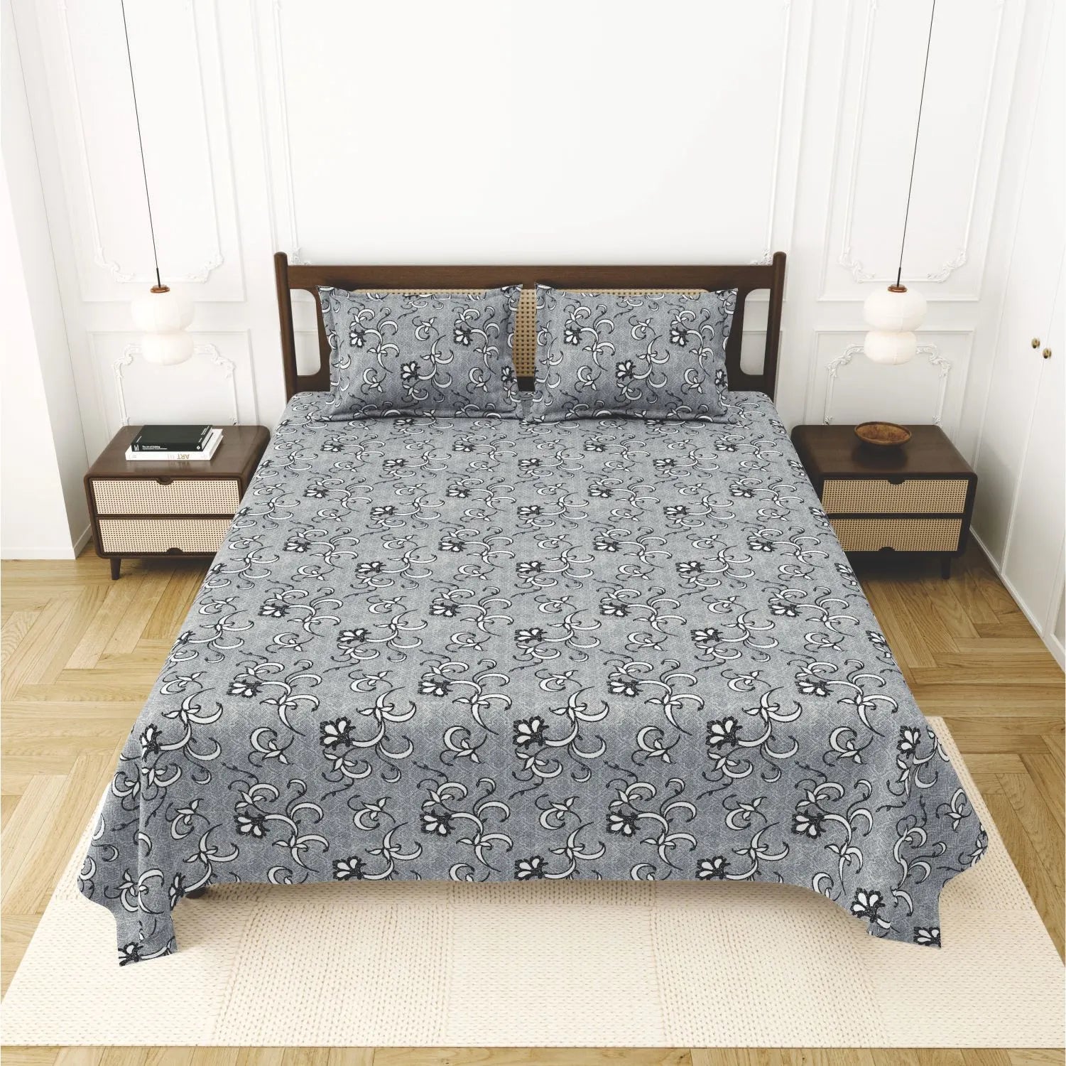 Dream Weaverz Cotton King Flat 220 TC Abstract 1 Bedsheet with 2 Pillow Covers (Grey)