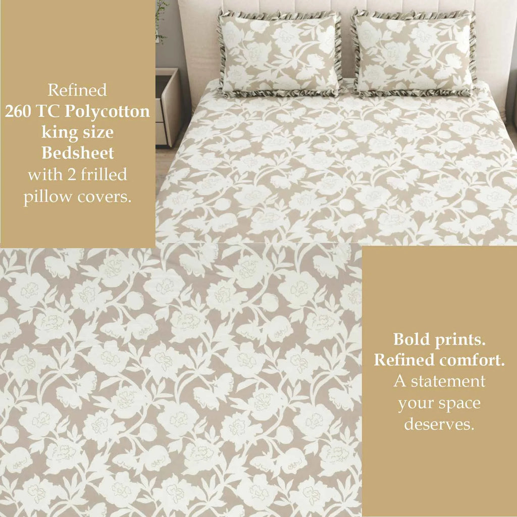 Dream Weaverz Home Polycotton King Fitted (Elastic) 260 TC Floral 1 Bedsheet (Beige-White)