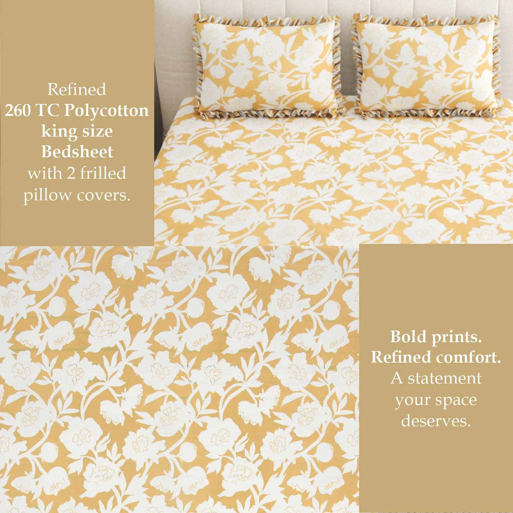 Dream Weaverz Home Polycotton King Fitted (Elastic) 260 TC Floral 1 Bedsheet (Yellow)