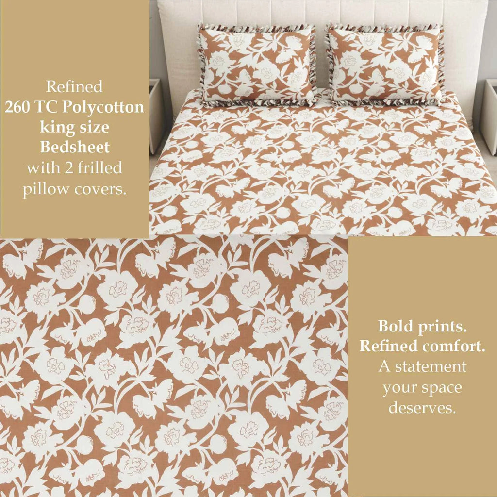 Dream Weaverz Home Polycotton King Fitted (Elastic) 260 TC Floral 1 Bedsheet (Brown-White)