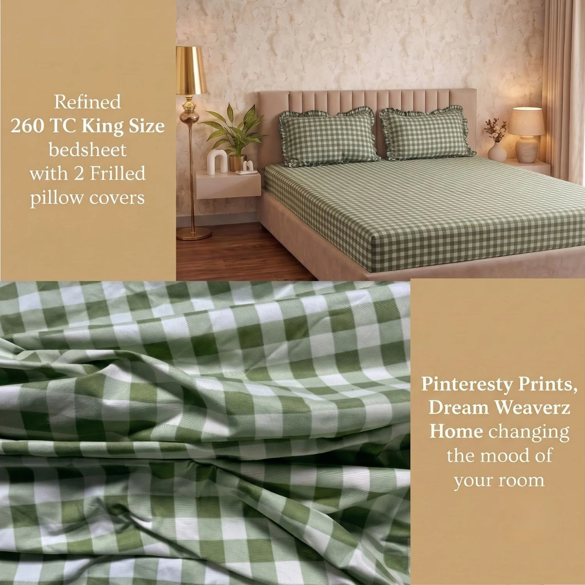Dream Weaverz Home Polycotton (Flat) 260TC DoubleSIZE BEDSHEET(Green Checks)