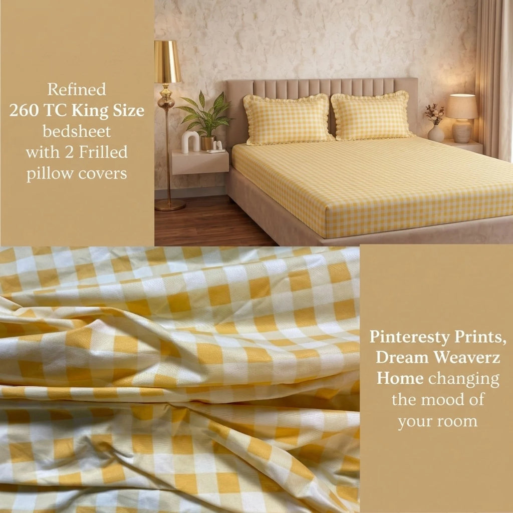 Dream Weaverz Home Polycotton (Flat) 260TC DoubleSIZE BEDSHEET(Yellow Check)