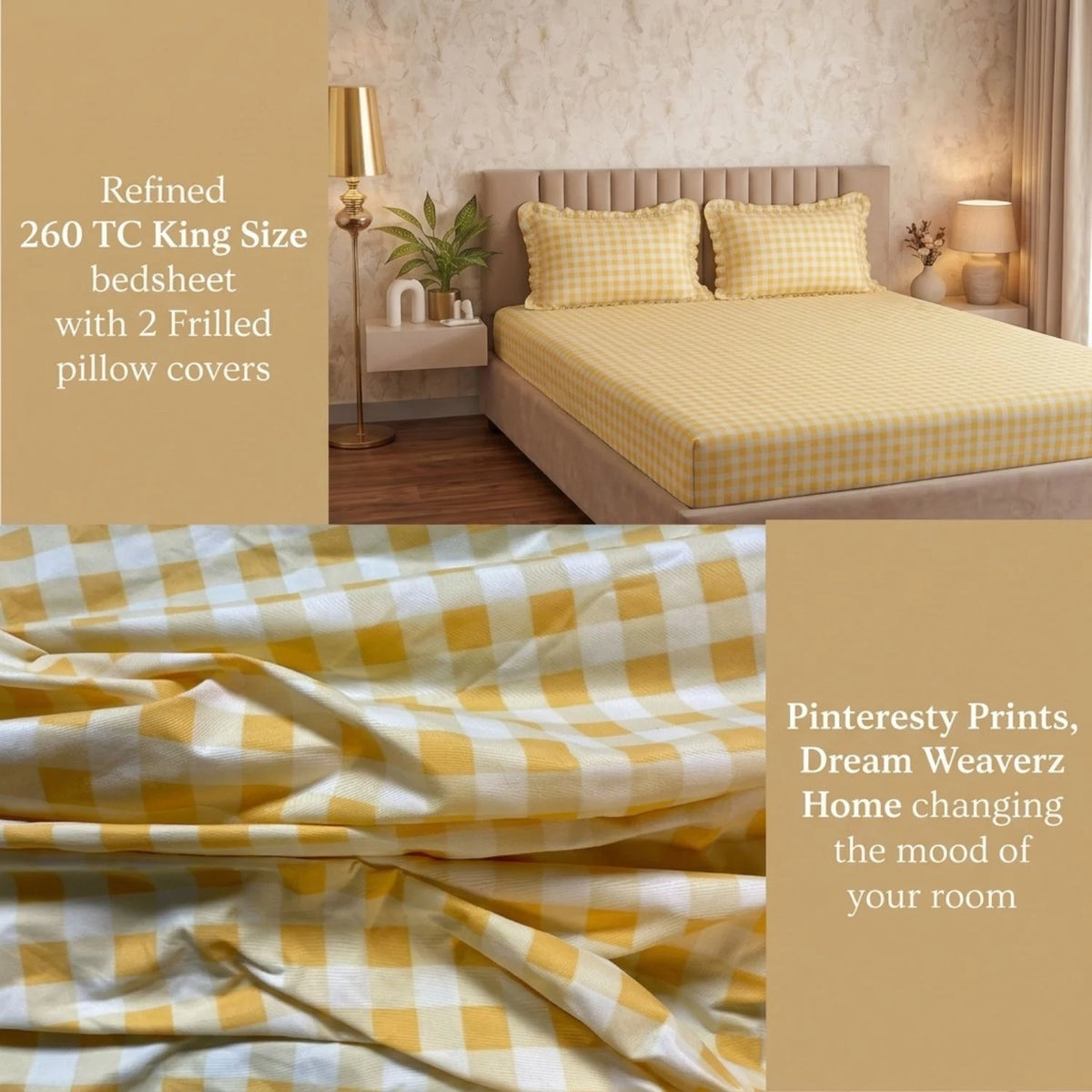 Dream Weaverz Home Polycotton (Flat) 260TC DoubleSIZE BEDSHEET(Yellow Check)