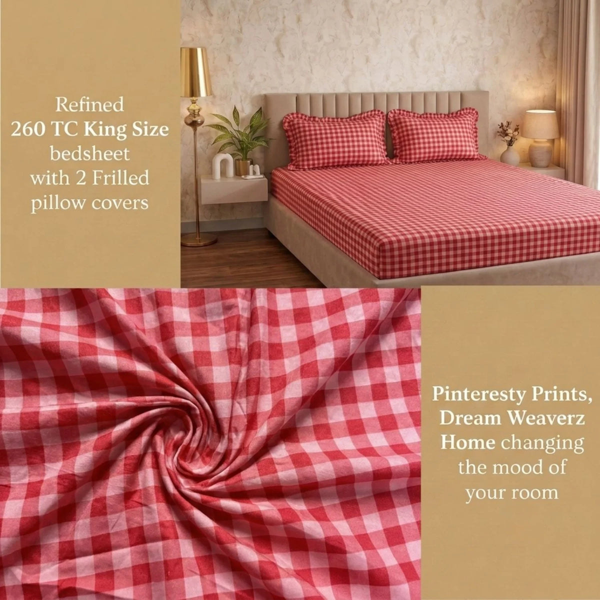 Dream Weaverz Home Polycotton (Flat) 260TC DoubleSIZE BEDSHEET(Red Check)