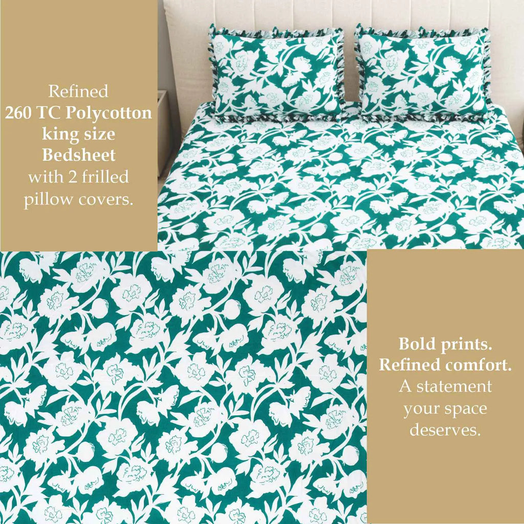 Dream Weaverz Home Polycotton King Fitted (Elastic) 260 TC Floral 1 Bedsheet (Green-White)