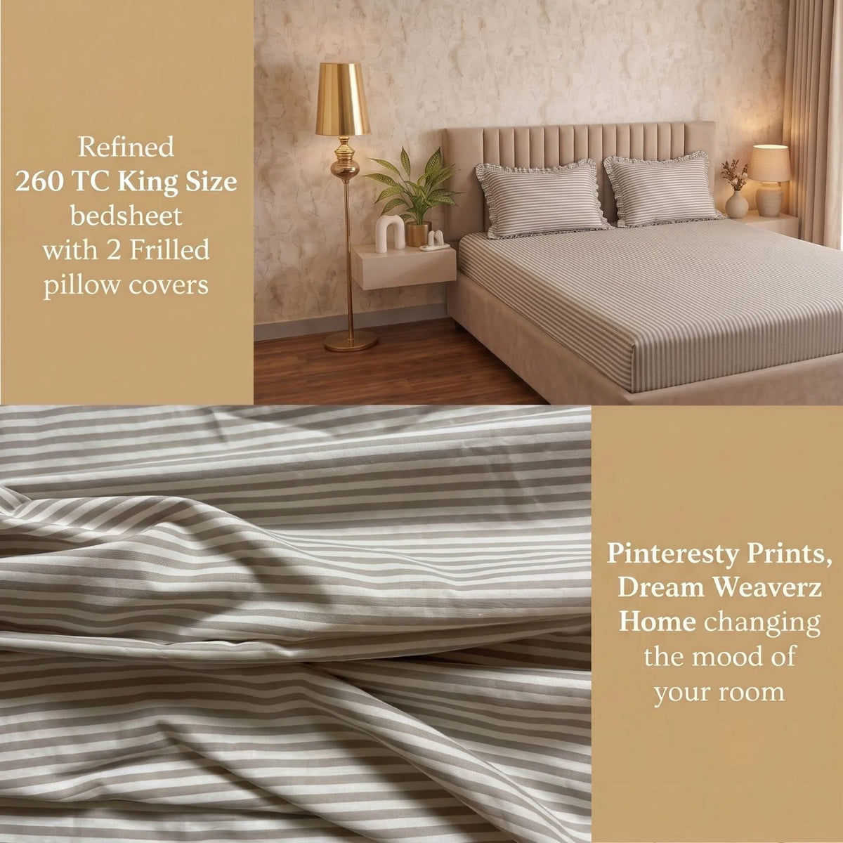 Dream Weaverz Home Polycotton (Flat) 260TC DoubleSIZE BEDSHEET(Grey Stripes)