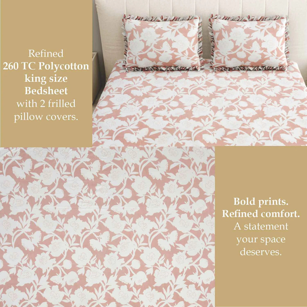 Dream Weaverz Home Polycotton King Fitted (Elastic) 260 TC Floral 1 Bedsheet (Peach-White)