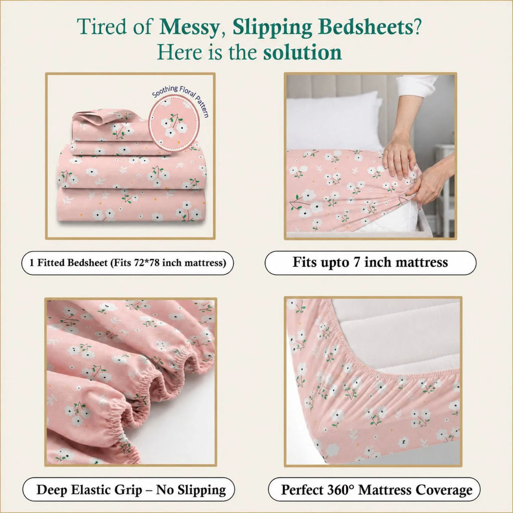Dream Weaverz Home Polycotton King Fitted (Elastic) 260 TC Floral 1 Bedsheet with 2 Pillow Covers (Baby Pink)