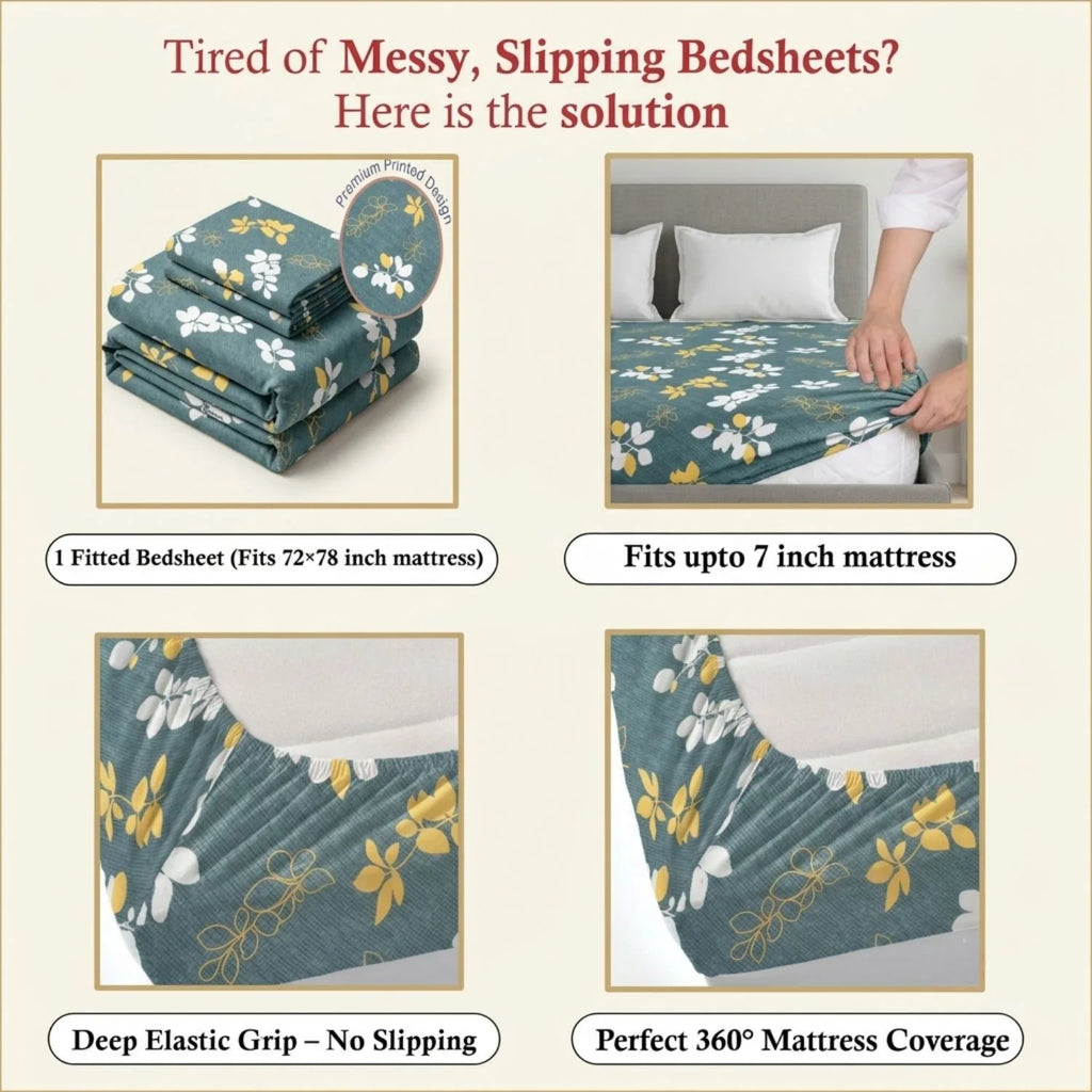 Dream Weaverz Home Polycotton King Fitted (Elastic) 260 TC Floral 1 Bedsheet with 2 Pillow Covers (Dark Green-White)