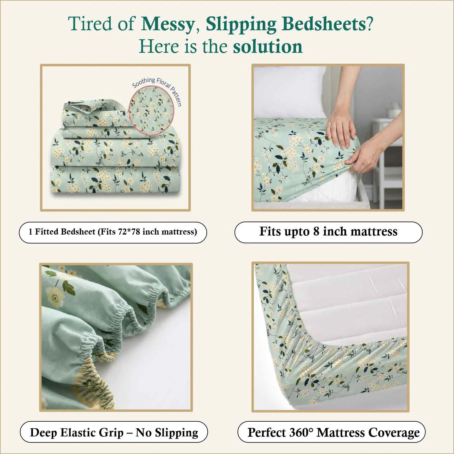 Dream Weaverz Polycotton Double Fitted (Elastic) 260 TC Floral 1 Bedsheet with 2 Pillow Covers (Green)