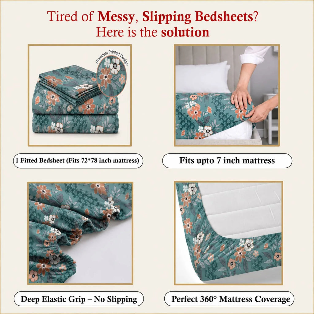 Dream Weaverz Home Polycotton King Fitted (Elastic) 260 TC Floral 1 Bedsheet (Green-Brown)