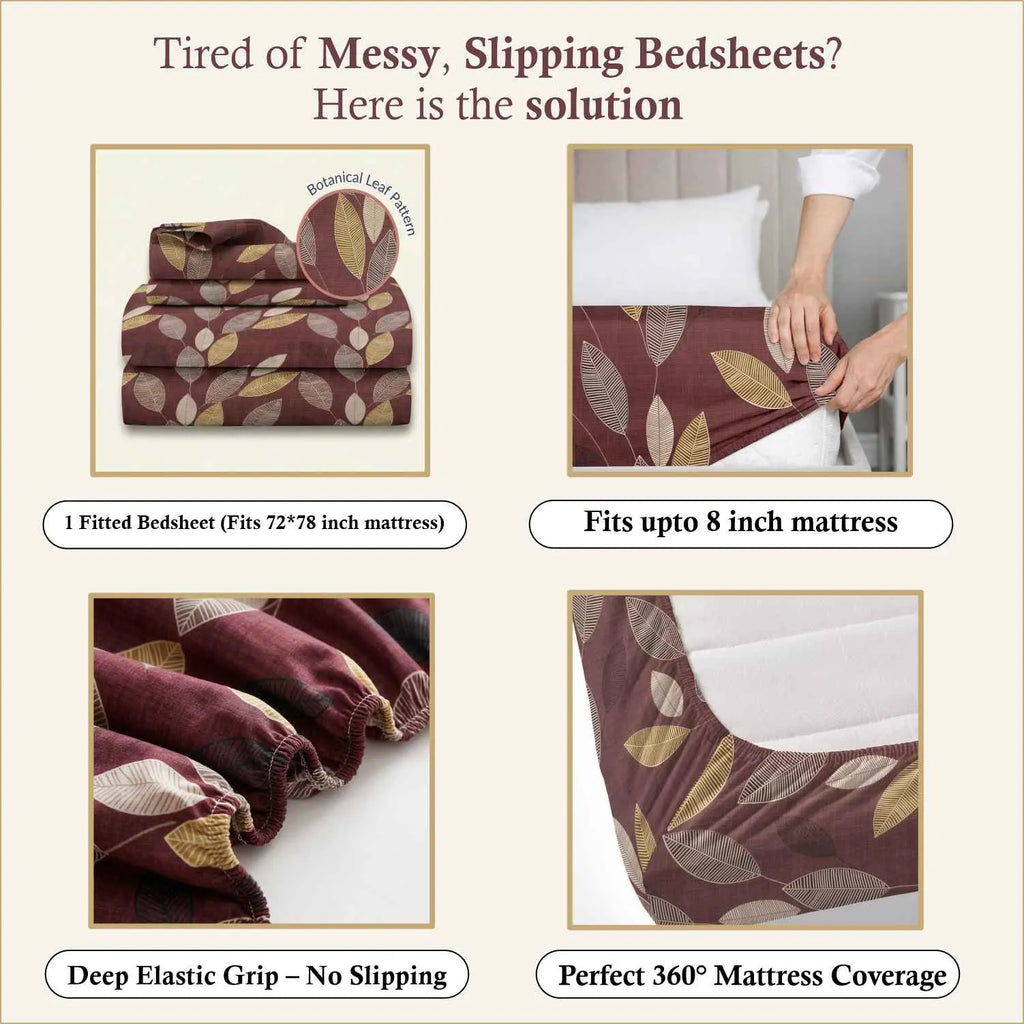 Dream Weaverz Polycotton Double Fitted (Elastic) 260 TC Abstract 1 Bedsheet with 2 Pillow Covers (Brown)