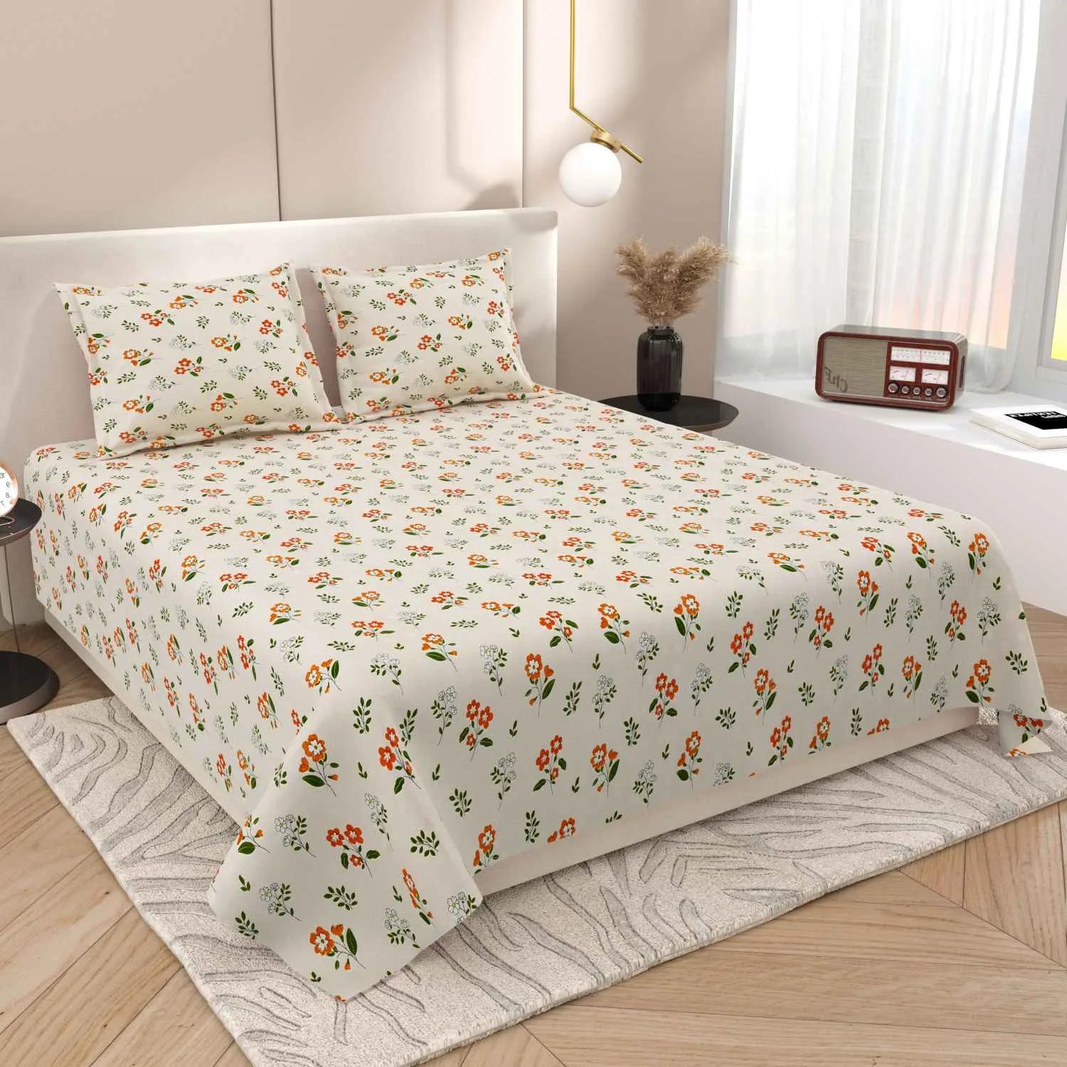 Dream Weaverz Cotton Super King Flat 220 TC Floral 1 Bedsheet with 2 Pillow Covers (Off White)