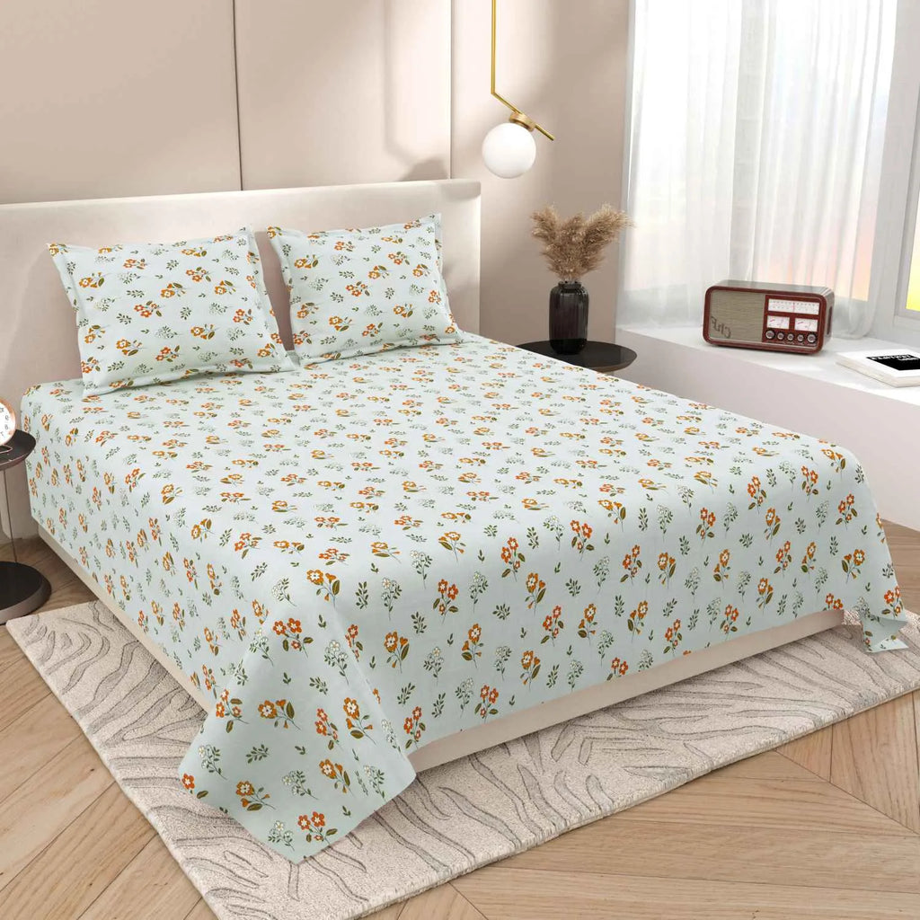 Dream Weaverz Cotton Super King Flat 220 TC Floral 1 Bedsheet with 2 Pillow Covers (Sky Blue-Orange)