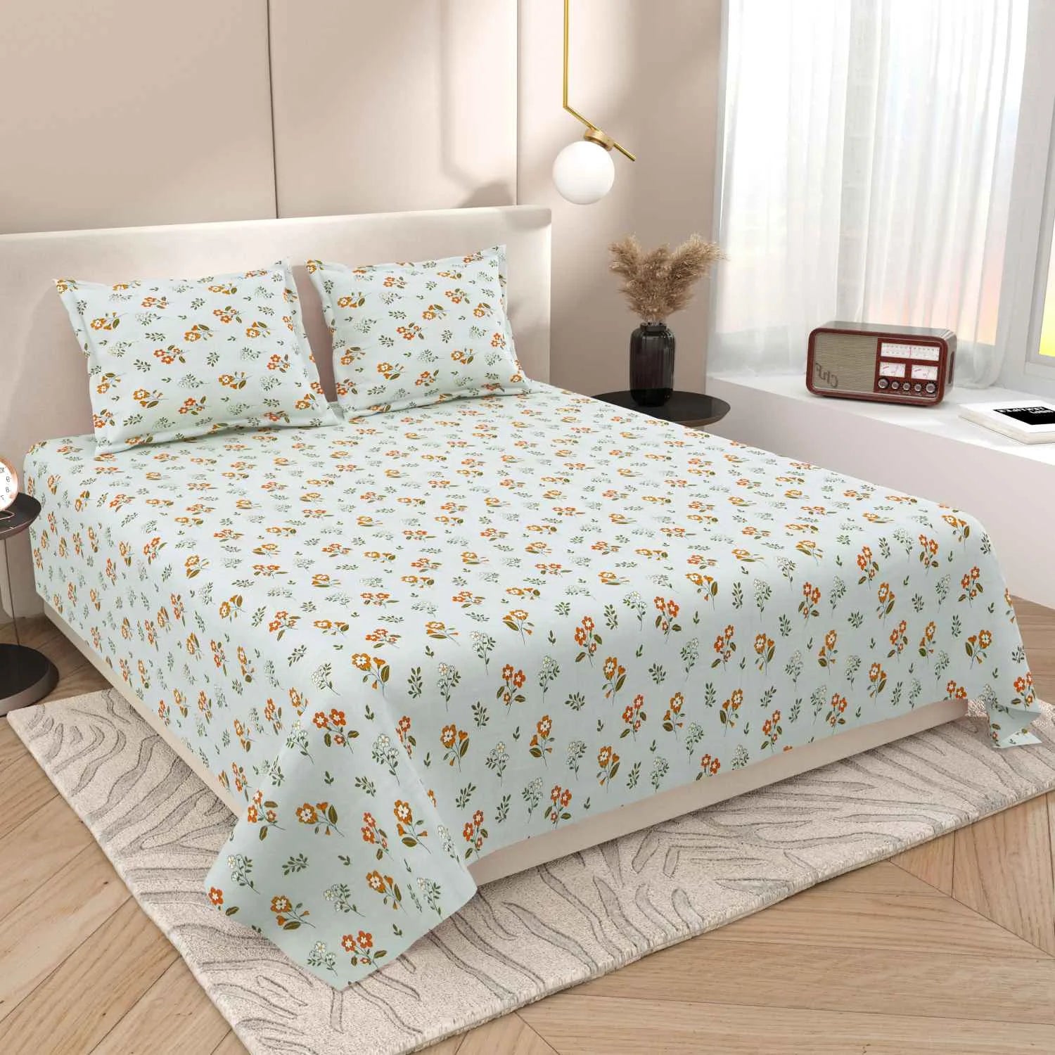 Dream Weaverz Cotton Super King Flat 220 TC Floral 1 Bedsheet with 2 Pillow Covers (Sky Blue-Orange)