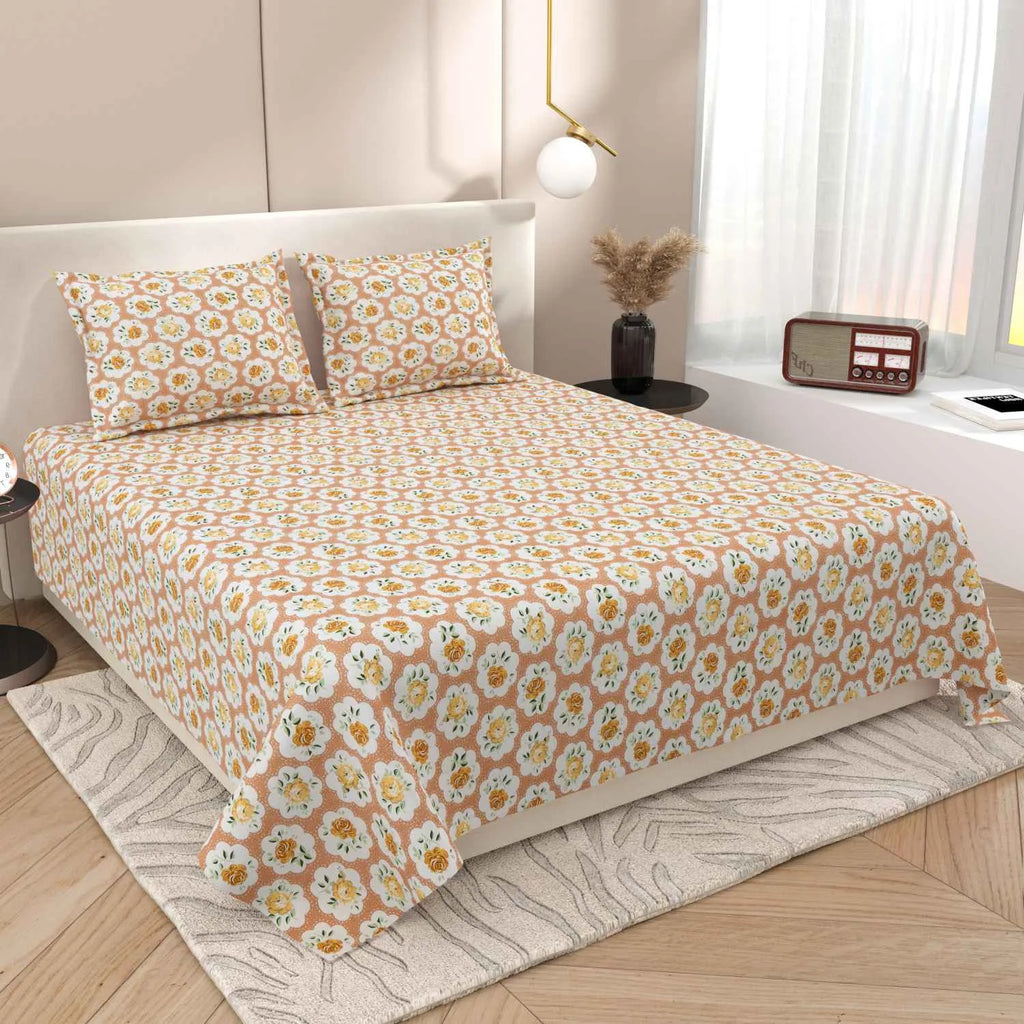 Dream Weaverz Cotton Super King Flat 220 TC Abstract 1 Bedsheet with 2 Pillow Covers (Peach-Yellow)