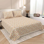 Dream Weaverz Cotton Super King Flat 220 TC Abstract 1 Bedsheet with 2 Pillow Covers (Peach-Yellow)