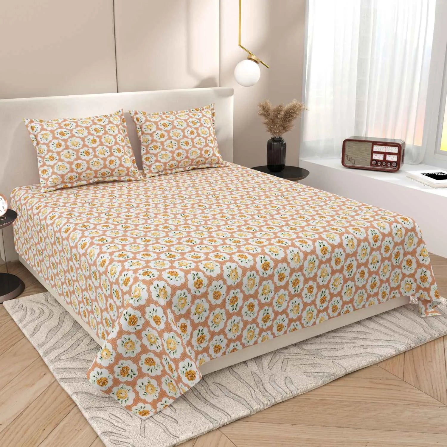 Dream Weaverz Cotton Super King Flat 220 TC Abstract 1 Bedsheet with 2 Pillow Covers (Peach-Yellow)