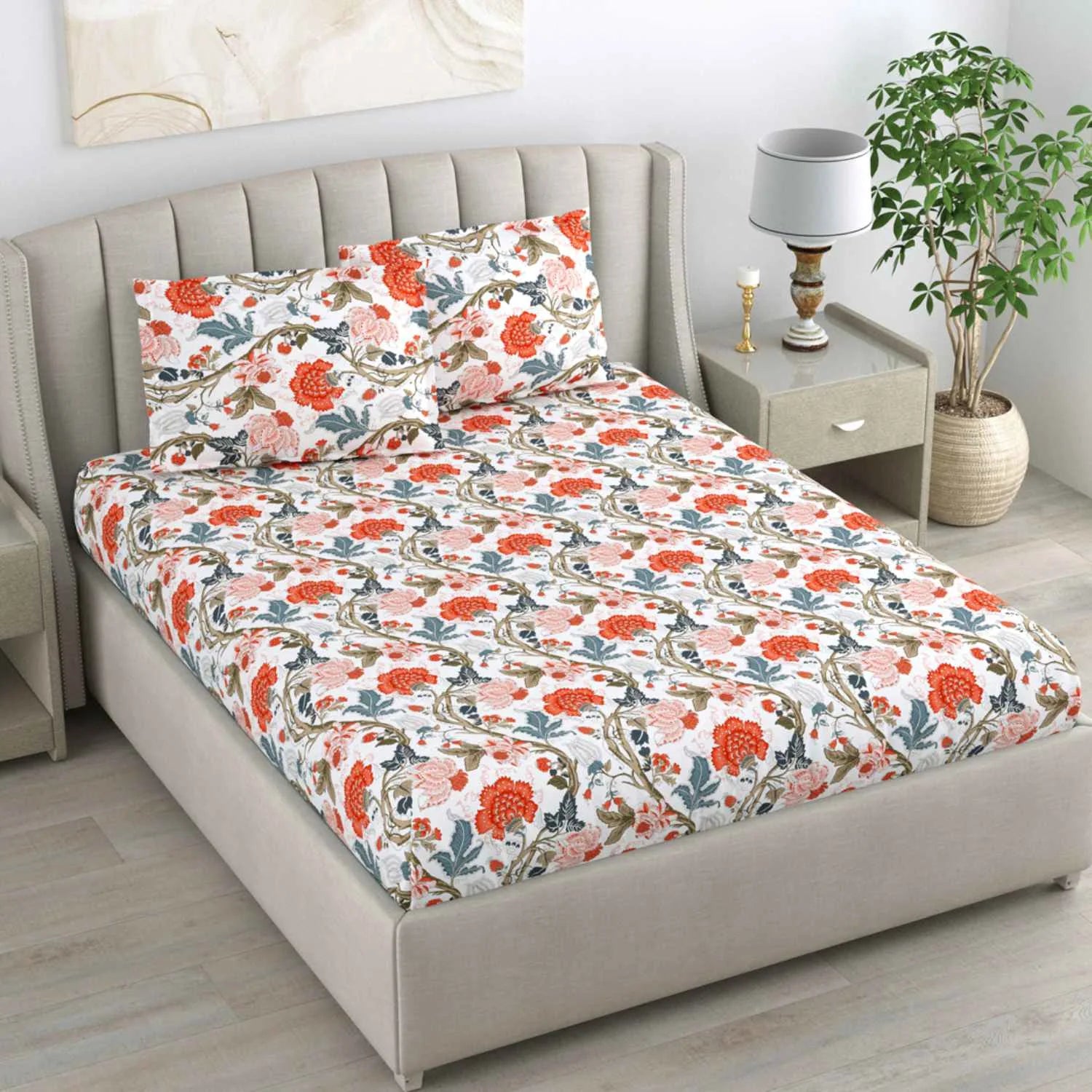 Dream Weaverz Cotton Queen Flat 220 TC Floral 1 Bedsheet with 2 Pillow Covers (Off white)