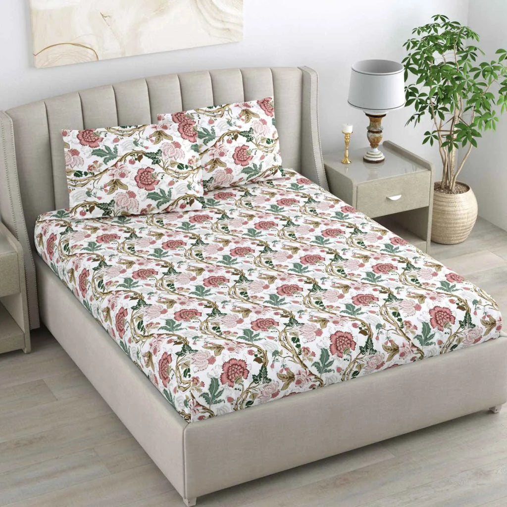 Dream Weaverz Cotton Queen Flat 220 TC Floral 1 Bedsheet with 2 Pillow Covers (White)