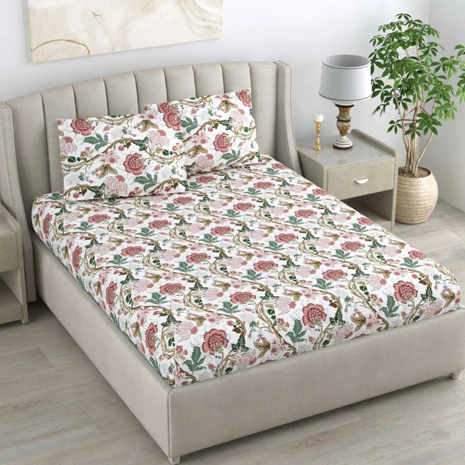 Dream Weaverz Cotton Queen Flat 220 TC Floral 1 Bedsheet with 2 Pillow Covers (White)