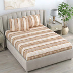 Dream Weaverz Cotton Queen Flat 220 TC Striped 1 Bedsheet with 2 Pillow Covers (Beige)