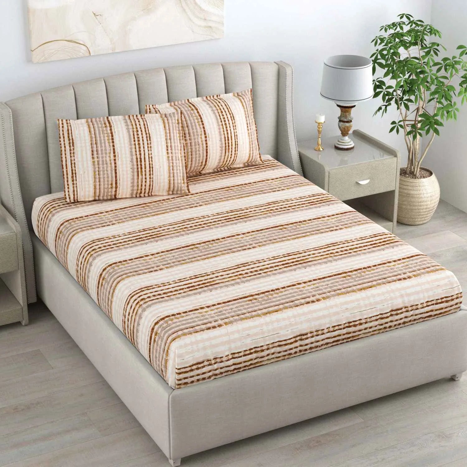 Dream Weaverz Cotton Queen Flat 220 TC Striped 1 Bedsheet with 2 Pillow Covers (Beige)