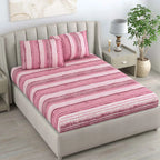 Dream Weaverz Cotton Queen Flat 220 TC Striped 1 Bedsheet with 2 Pillow Covers (Pink)