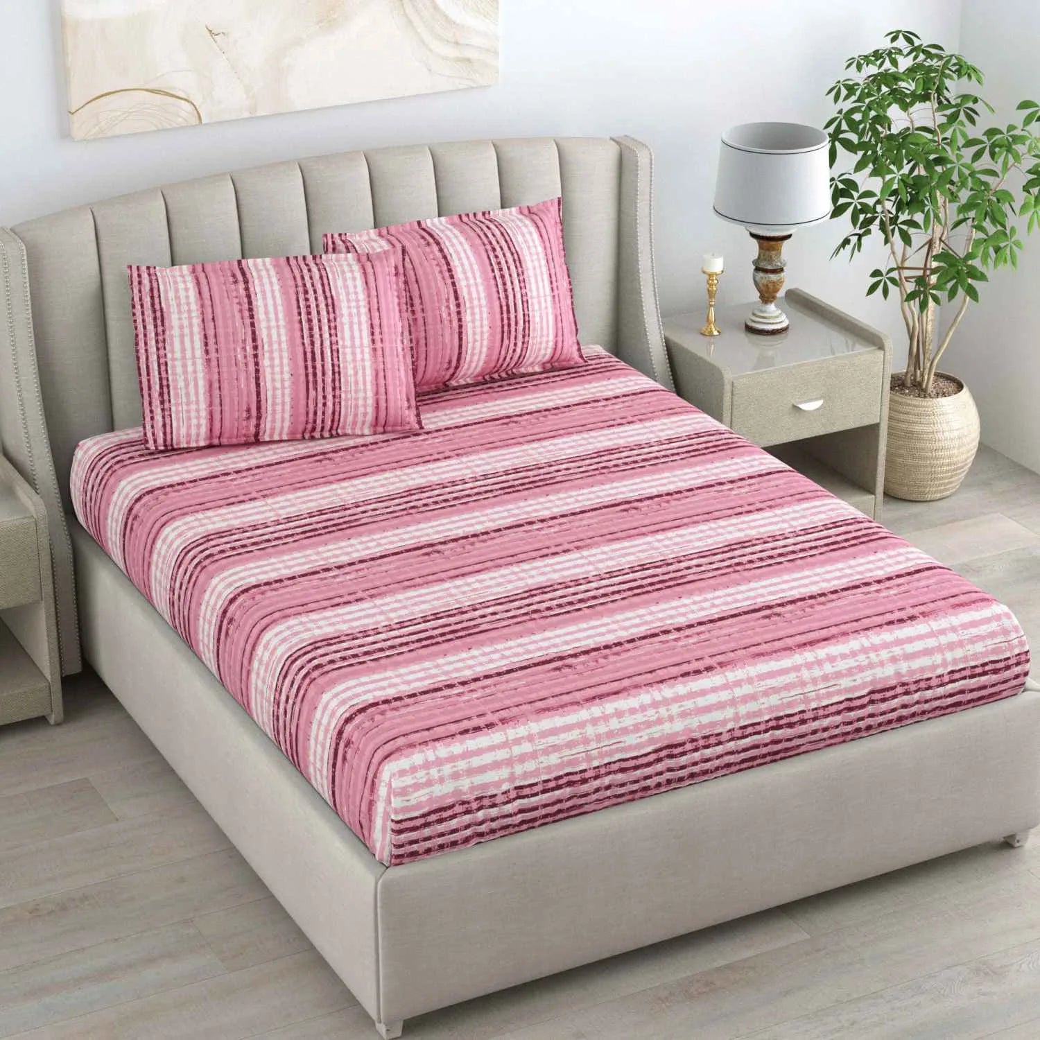 Dream Weaverz Cotton Queen Flat 220 TC Striped 1 Bedsheet with 2 Pillow Covers (Pink)