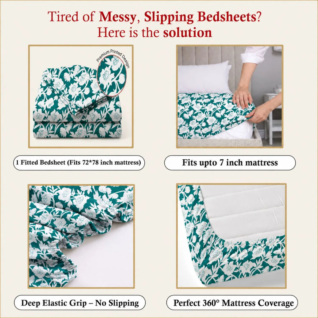 Dream Weaverz Home Polycotton King Fitted (Elastic) 260 TC Floral 1 Bedsheet (Green-White)
