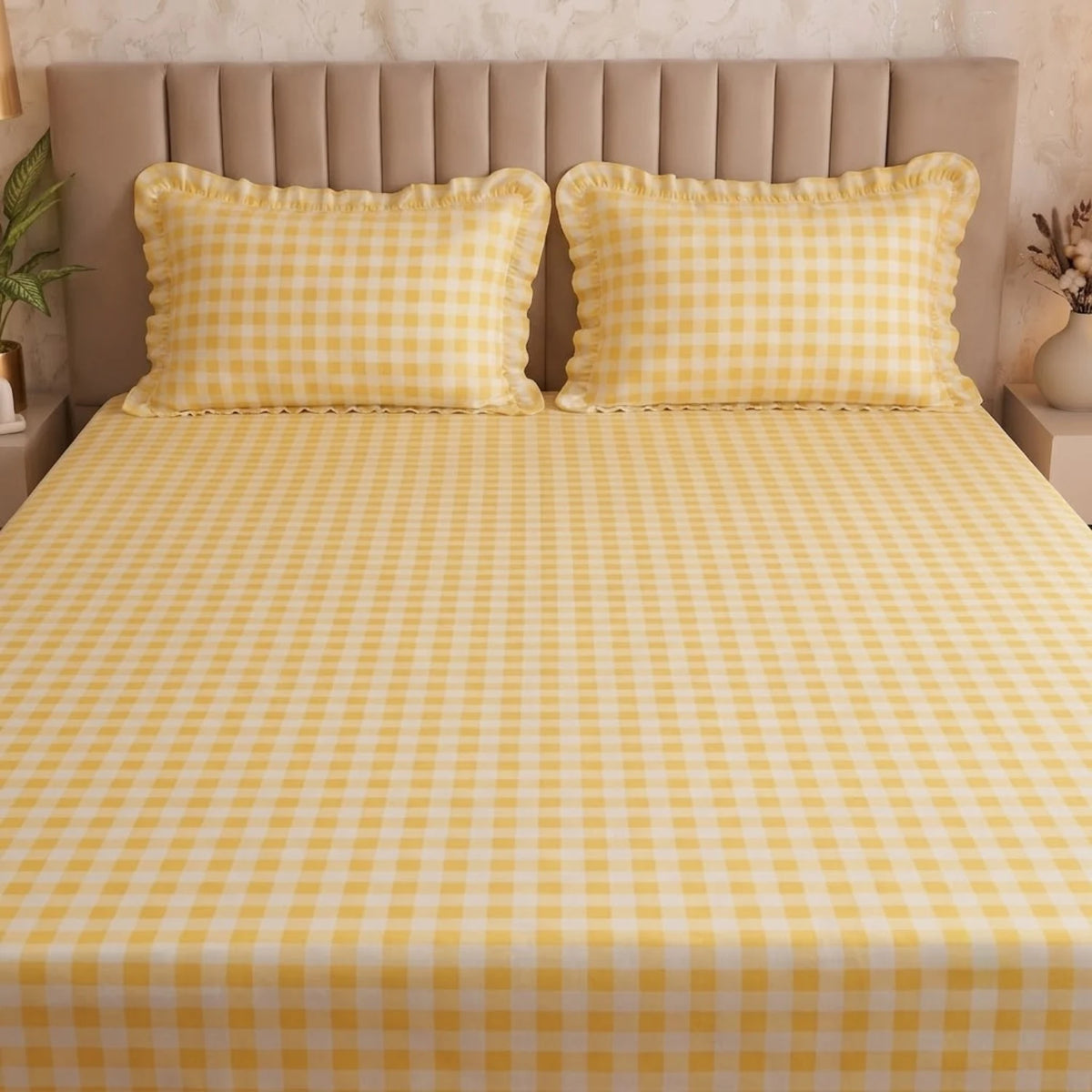 Dream Weaverz Home Polycotton (Flat) 260TC DoubleSIZE BEDSHEET(Yellow Check)