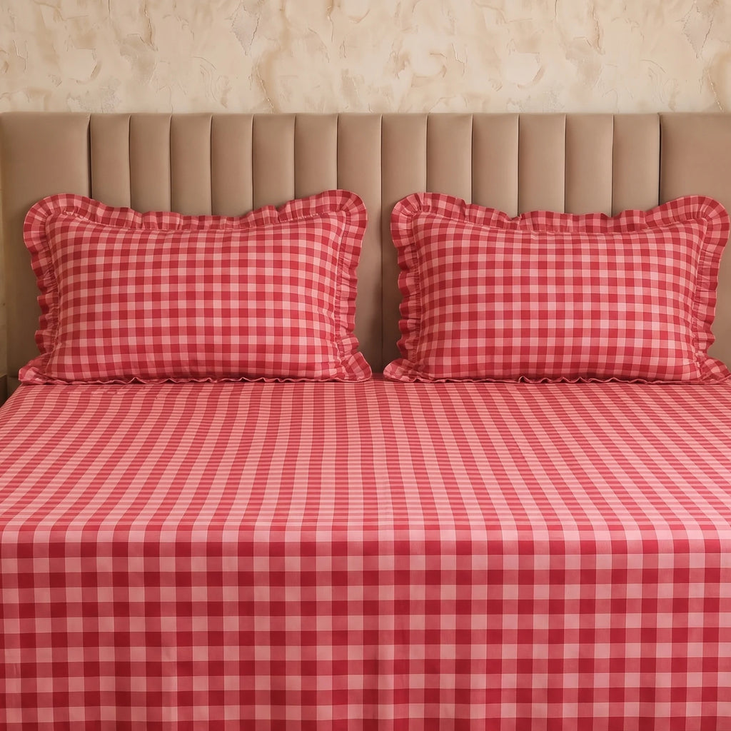 Dream Weaverz Home Polycotton (Flat) 260TC DoubleSIZE BEDSHEET(Red Check)