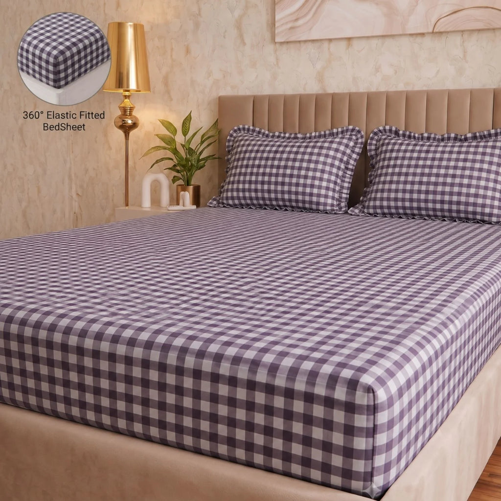 Dream Weaverz Home Polycotton (Fitted) 260TC DoubleSIZE BEDSHEET(Purple check)