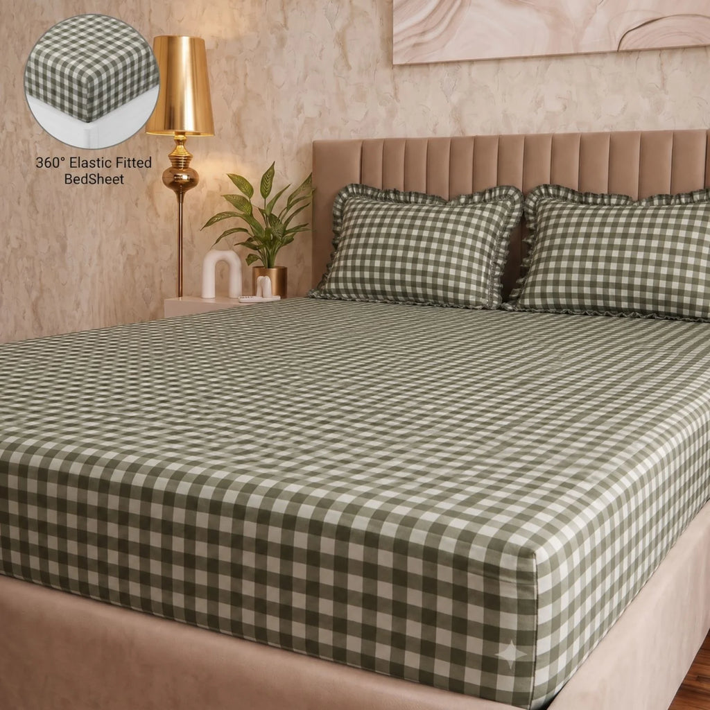 Dream Weaverz Home Polycotton (Fitted) 260TC DoubleSIZE BEDSHEET(Green-Check)
