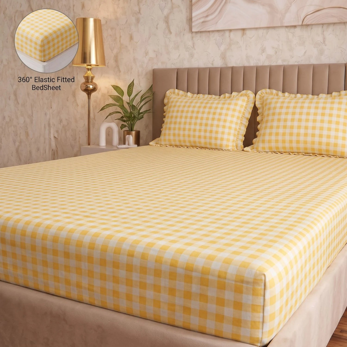 Dream Weaverz Home Polycotton (Fitted) 260TC DoubleSIZE BEDSHEET(Yellow Check)
