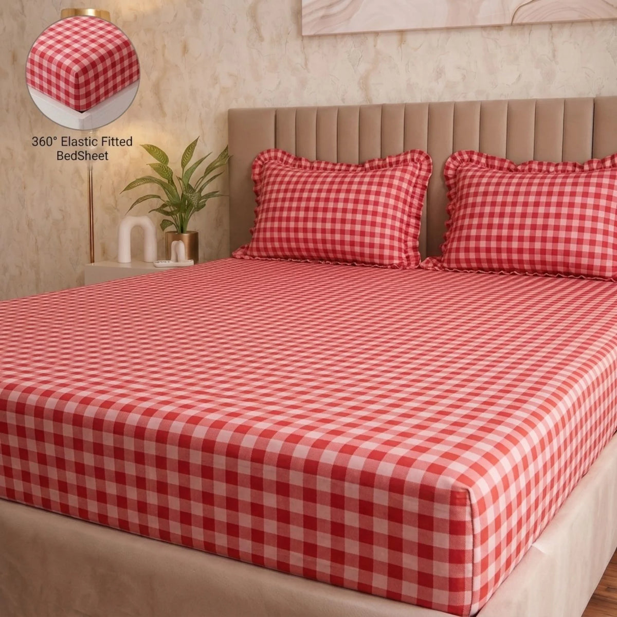 Dream Weaverz Home Polycotton (Fitted) 260TC DoubleSIZE BEDSHEET(Red Check)