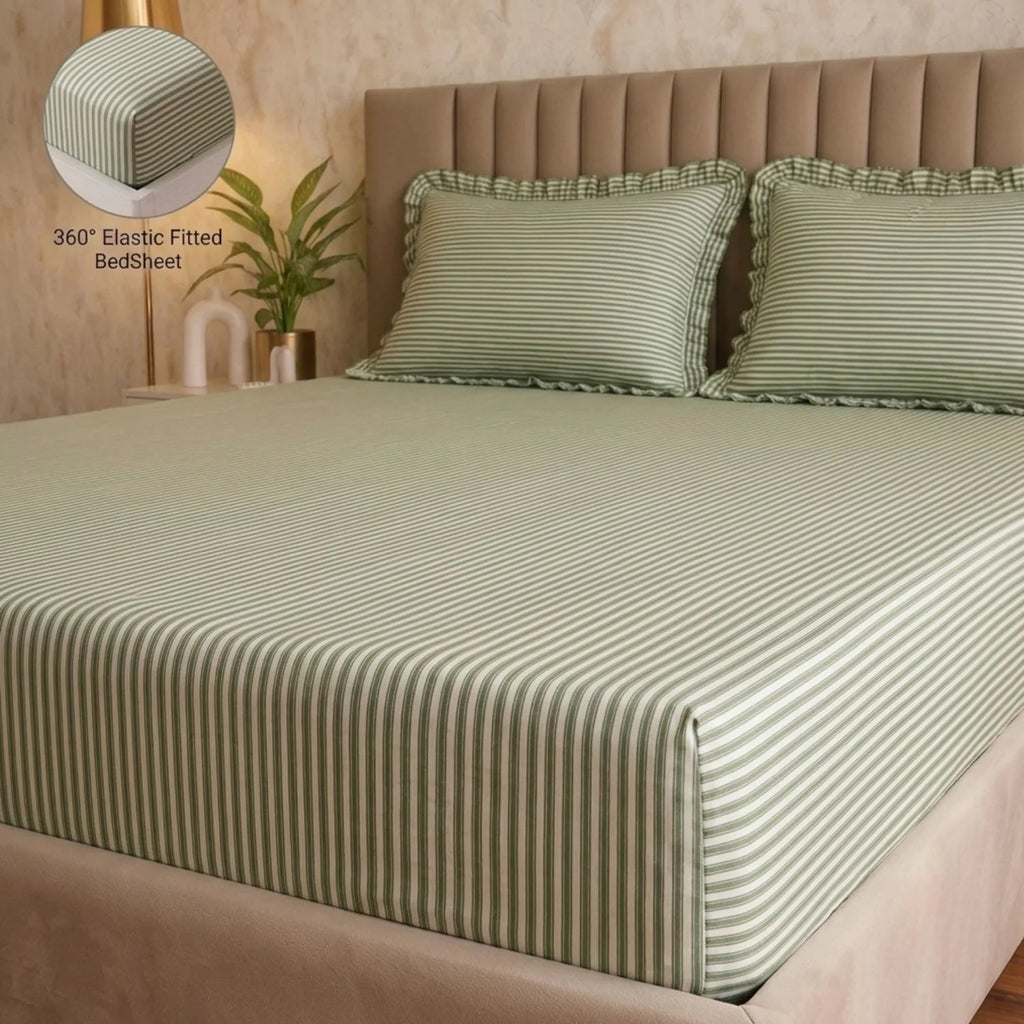 Dream Weaverz Home Polycotton (Fitted) 260TC DoubleSIZE BEDSHEET(Green Stripes)