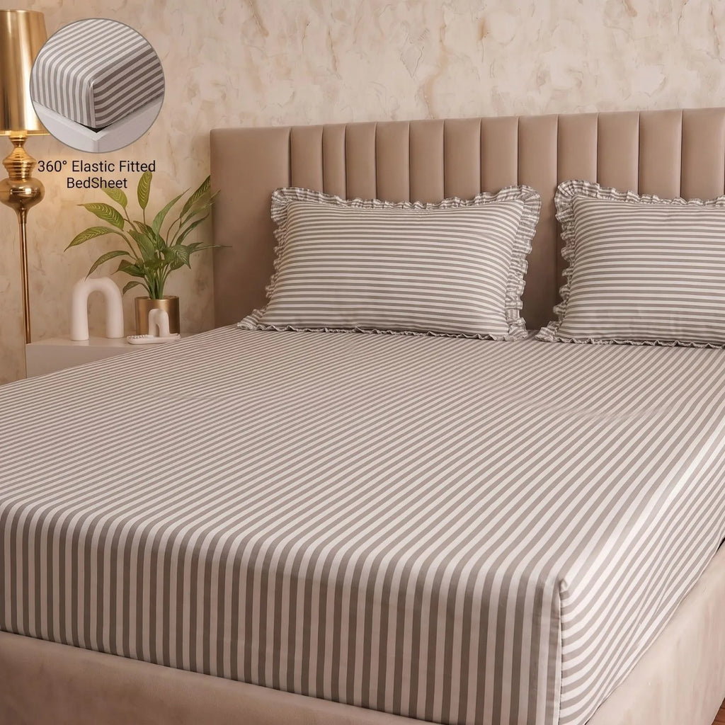 Dream Weaverz Home Polycotton (Fitted) 260TC DoubleSIZE BEDSHEET(Grey Stripes)