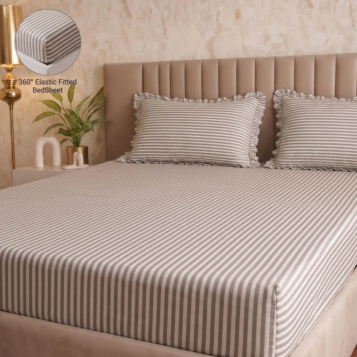 Dream Weaverz Home Polycotton (Fitted) 260TC DoubleSIZE BEDSHEET(Grey Stripes)