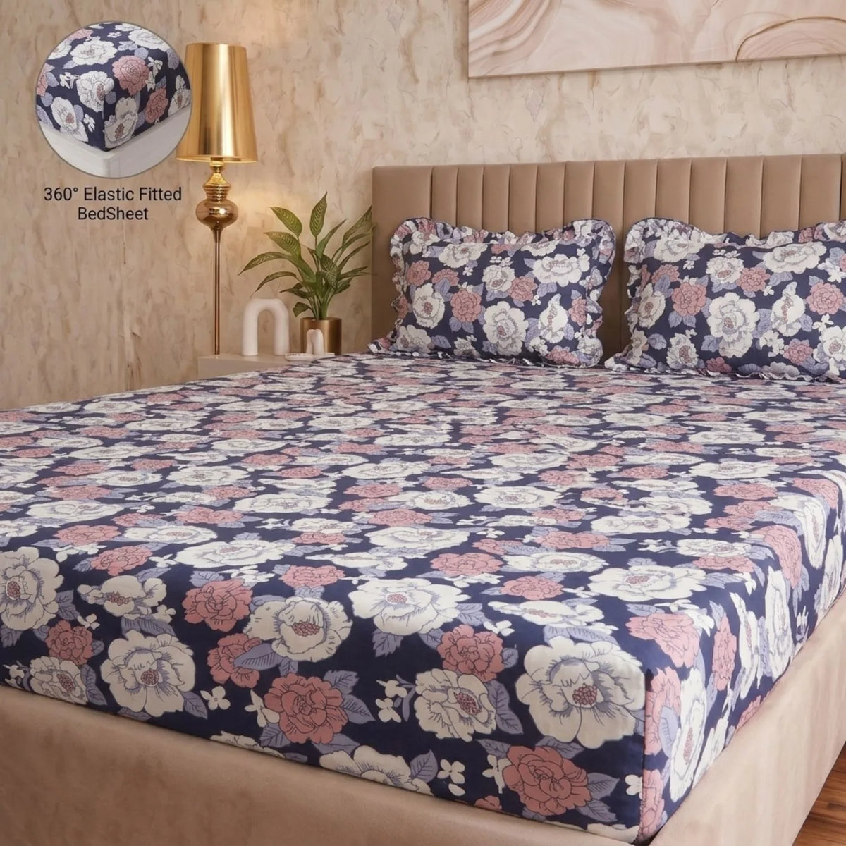 Dream Weaverz Home Polycotton (Fitted) 260TC DoubleSIZE BEDSHEET(Purple-Pink-White)