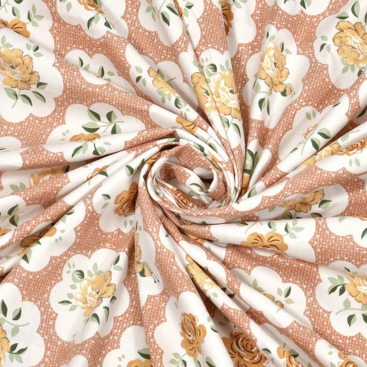 Dream Weaverz Cotton Super King Flat 220 TC Abstract 1 Bedsheet with 2 Pillow Covers (Peach-Yellow)