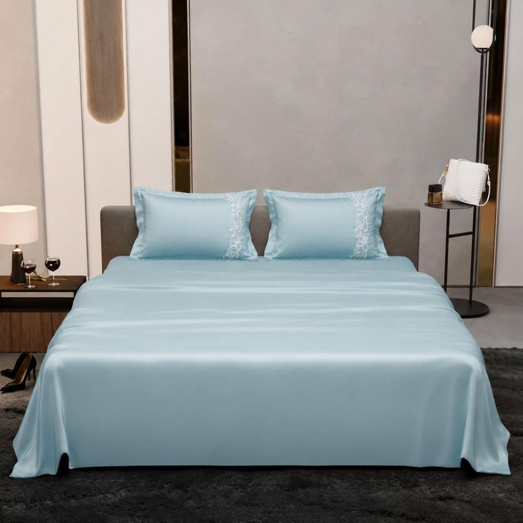 Dream Weaverz Satin Bedsheets King Size, 3-Piece Bedding Set 300 Thread Count Bedsheet & 2 Floral Lace Covers | Prevents Wrinkles, Tangles & Frizz | Retains Moisture, Turquoise Blue