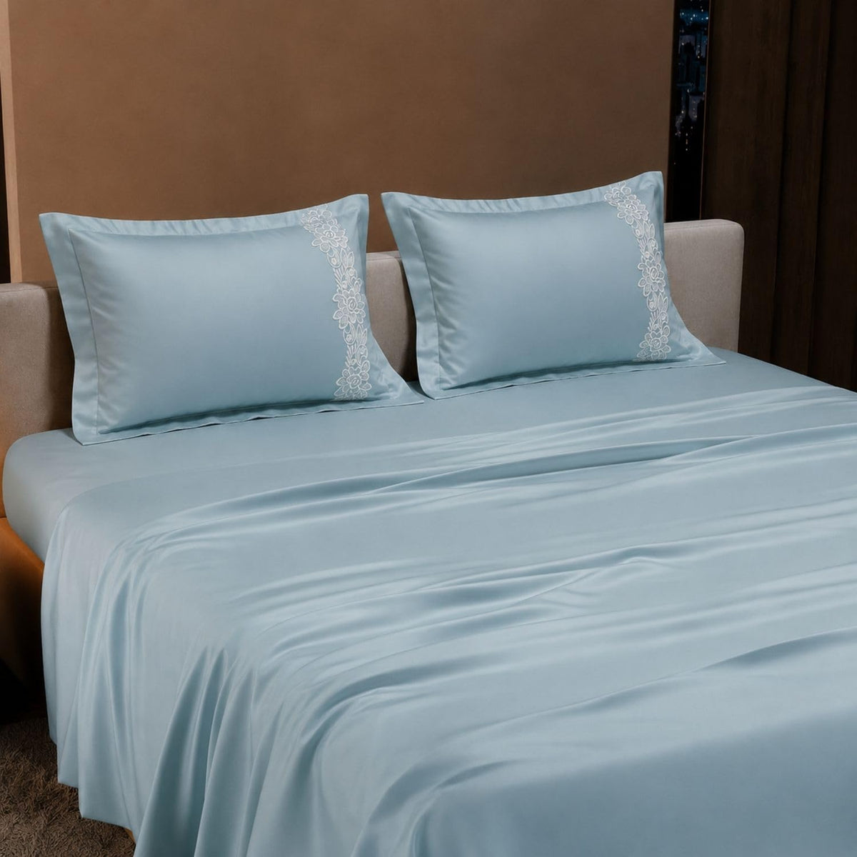Dream Weaverz Satin Bedsheets King Size, 3-Piece Bedding Set 300 Thread Count Bedsheet & 2 Floral Lace Covers | Prevents Wrinkles, Tangles & Frizz | Retains Moisture, Turquoise Blue