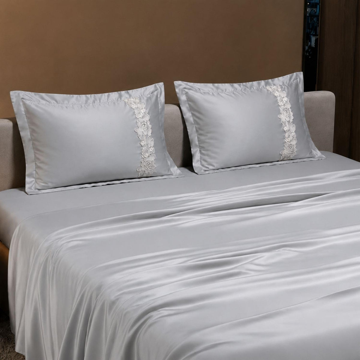 Dream Weaverz Satin Bedsheets King Size, 3-Piece Bedding Set 300 Thread Count Bedsheet & 2 Floral Lace Covers | Prevents Wrinkles, Tangles & Frizz | Retains Moisture, Silver